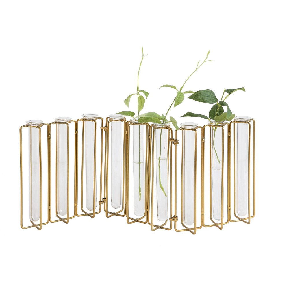 9 Test Tube Vases in a Single Gold Metal Stand - Storied Home: Watertight Glass, Tabletop Display