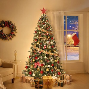 GustoWave Flocked Christmas Tree with Pine Cones,150 Pre-Strung Warm LED Lights,Easy Assembly Artificial Tree for Home & Office - 1 of 4
