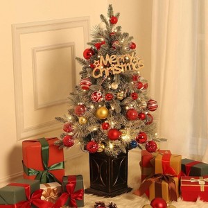 2 Pcs 3FT Prelit Artificial Christmas Tree, Snow Flocked Xmas Tree with LED Pre-lit, 78 Warm White Lights & Vintage Pot Base, Xmas Decoration - 1 of 4