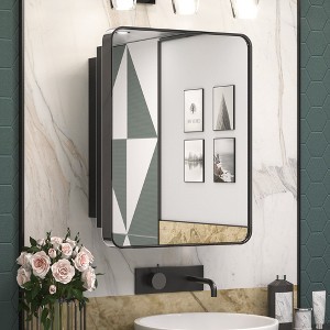Keonjinn Metal Framed Black Rectangular Framed Recessed/Surface Mount Medicine Cabinet with Mirror,Black,21"x27" - 1 of 4