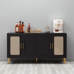 59.84" Vintage Four-Door Sideboard Buffet Cabinet with Plastic Rattan Doors, Gold Feet, MDF Storage Console for Dining Room, Kitchen, Living Room - 1 of 4