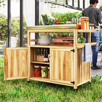 Natural Wood Outdoor Grill Cart with Stainless Steel Top and Storage