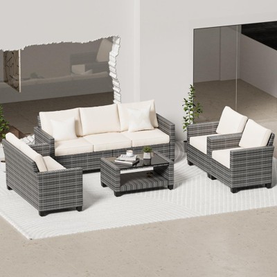 5-Piece Outdoor Patio Furniture Set with 7-Seating Capacity - All-Weather Wicker Sectional Sofa with Tempered Glass Coffee Table & Premium Cushions -