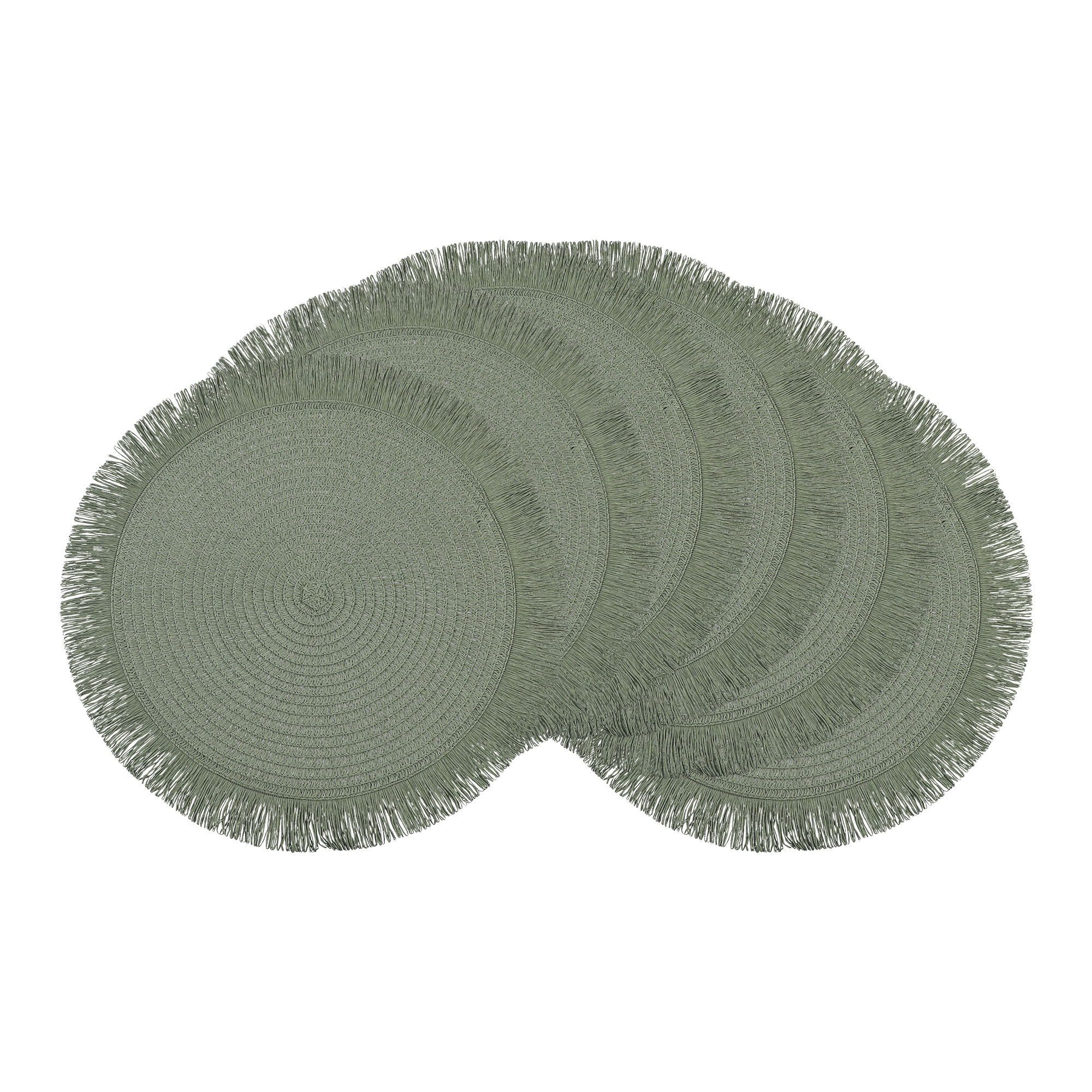 REGALWOVEN Rustic Tassel Rattan Round Wipe Clean Placemats 15 x 15 Inch 6 Pcs Green