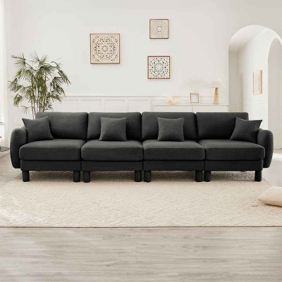 Modern Boucle 4-Seater Sectional Sofa, Sculptural Style Couch with Armrests and Cylindrical Legs, Fabric Couch with Plush Cushion-Coolbibila