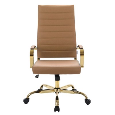 Mid-Century Modern High-Back Swivel Office Chair in Polished Brown Leather