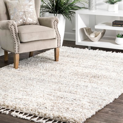 Ivory Plush Braided Tassel Shag Area Rug, 6'7" x 9'