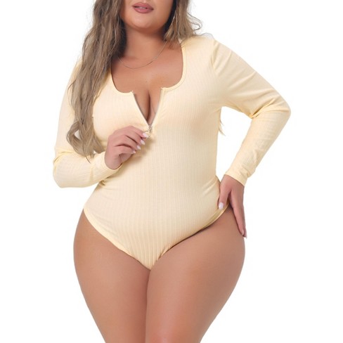 Agnes Orinda Women s Plus Size Zipper Deep Scoop Neck Long Sleeve Tops Bodysuit Jumpsuit Beige 4x Target