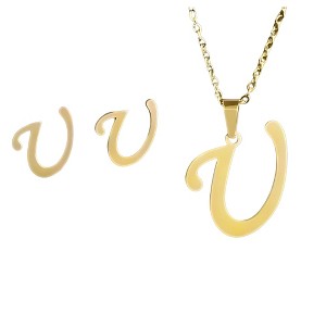 Initial Letter Pendant Necklace Earrings Set for Women Gold Plated Stainless Steel by Ginger Lyne - 1 of 4