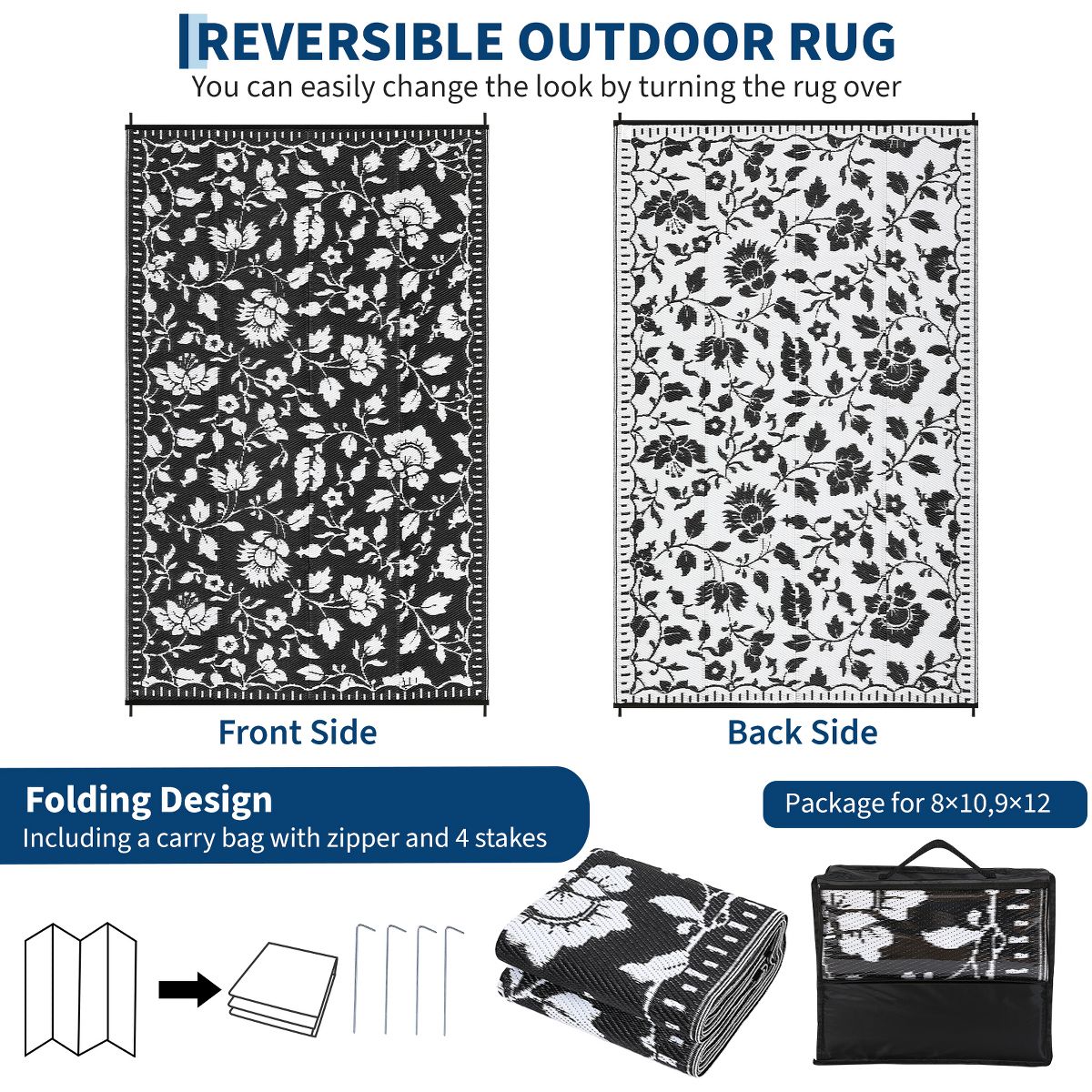 Garvee Floral Outdoor Rug, Waterproof Reversible Plastic Straw Rug, Foldable Outdoor Area Rug for Patio, Picnic, Beach, Balcony - thumbnail 10