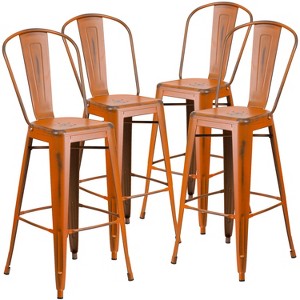 Emma and Oliver Commercial Grade 4 Pack 30" High Distressed Metal Indoor-Outdoor Barstool with Back - 1 of 4