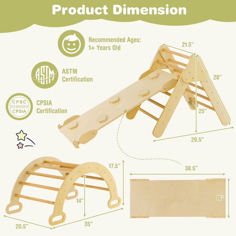 Costway 3-in-1 Kids Climber Set Toddler Wooden Play Arch with Sliding and Climbing Ramp, 3 of 11