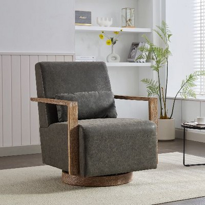 Kumasinova Modern 360-Degree Swivel Chair, Premium Faux Leather Upholstered Accent Chair, Retro Open-Framed Arms, Armchair for Living Room