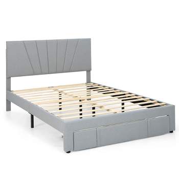 Tangkula Full/Queen Upholstered Bed Frame Platform Bed with Drawer & Adjustable Headboard Grey