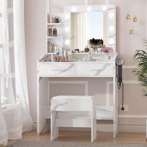 Vanity Desk with Mirror and Lights,Makeup Vanity with 2 Drawers, 3 Light Mode and Brightness Adjusted, Makeup Table for Bedroom, Desk and Chair - 1 of 4