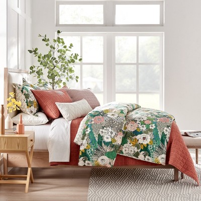 Bettina Floral Cotton King Duvet Cover in Teal and Green