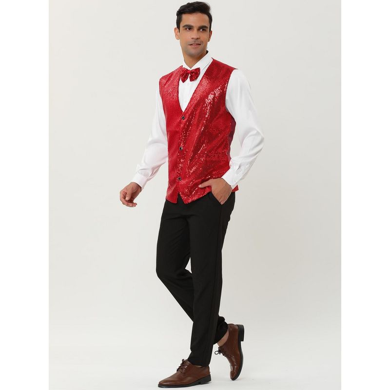 Lars Amadeus Men's Sequin Shiny Slim Fit Sleeveless Suit Waistcoat Set with Bow Tie, 4 of 7