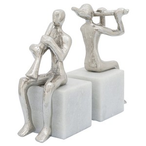 Sagebrook Home Set of 2 Metal Musician Bookends - Contemporary Marble and Aluminum Silver Decorative Bookend Sculptures - 1 of 4