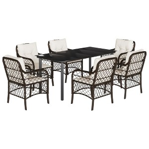 vidaXL 7-Piece Patio Dining Set - Brown PE Rattan Outdoor Furniture with Cushions for Garden/Backyard/Deck - Tempered Glass Tabletop - UV Resistant - 1 of 4