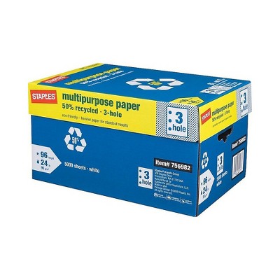 Staples 50% Recycled 8.5" x 11" Paper 24 lbs. 96 Bright. 500/RM 10 RM/CT 86053