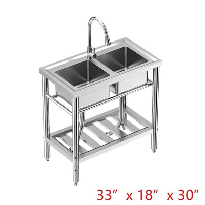 33"x18"x30" Kitchen Sink Stainless Steel Commercial 2 Compartment Utility Sink With Faucet