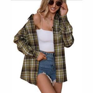 Whizmax Womens Spring Fashion 2023 Plaid Flannel Jacket Casual Long Sleeve Button Collared Neck Oversized Shirts green XL - 1 of 1