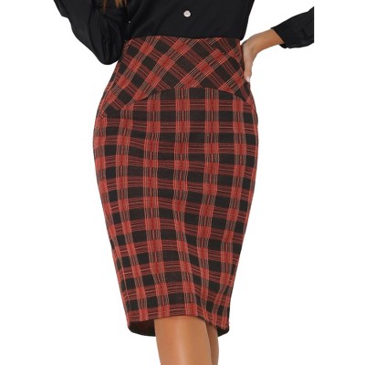 INSPIRE CHIC Women's Elastic High Waist Knee Length Plaid Pencil Skirt with Side Zipper
