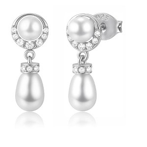Molenia Pearl Drop Earrings, S925 Silver Dangle Earrings, Convertible Stud Earring, Cubic Zirconia Gemstone, Bridal Earrings,  Birthday Gift For Her - 1 of 4