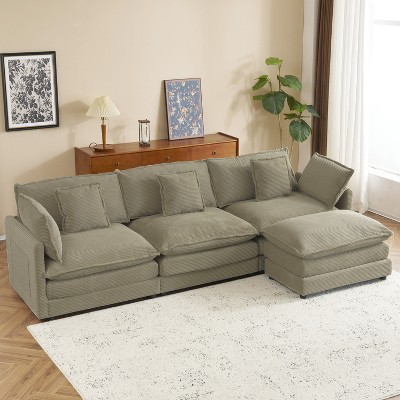 Modern L-Shaped Sectional Sofa, Comfy Corduroy Upholstered Modular Couch with Side Storage Pockets and Pillows for Living Room - ModernLuxe