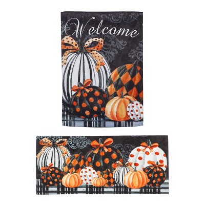 Evergreen Flag Elegant Pattern Pumpkins Garden Suede Flag and Sassafras Mat Set