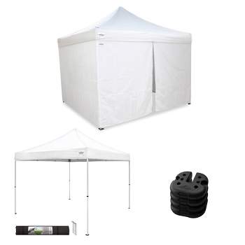 Caravan Canopy V-Series 10 x 10' 2 Straight Leg Sidewall Kit & M-Series Pro 2 10 x 10 Foot Shade Tent with Roller Bag & Set of 4 6-Pound Weight Plates