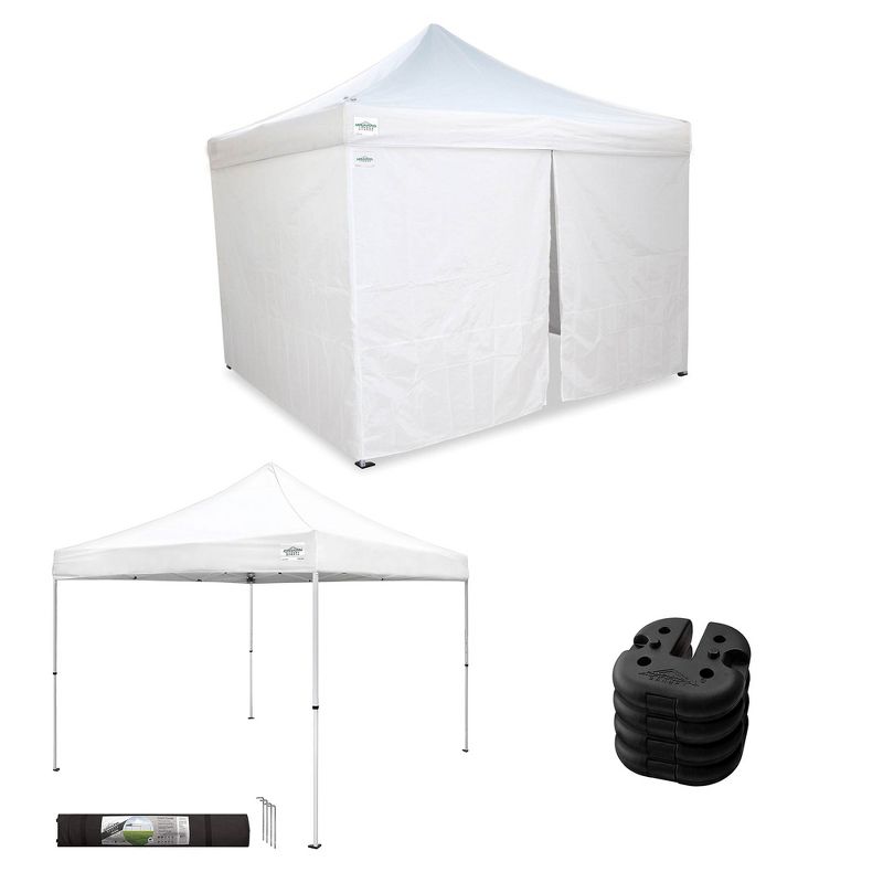 Caravan Canopy V-Series 10 x 10' 2 Straight Leg Sidewall Kit & M-Series Pro 2 10 x 10 Foot Shade Tent with Roller Bag & Set of 4 6-Pound Weight Plates, 1 of 7