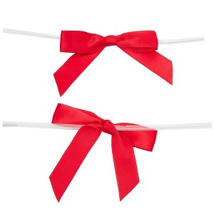 Juvale 100 Pack Twist Tie Bows for Crafts, Pre-Tied Satin Ribbon for Gift Wrap Bags, Party Favors, Baked Goods, Mini Bowties, 2.5 x 3.0 Inches, Red - 1 of 3