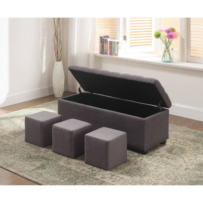 3pc Tufted Storage Bench with Ottoman Seating Gray - Ore International, 5 of 6
