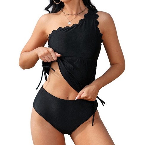 Women Two Piece Swimsuits One Shoulder Bathing Suits Tummy Control Ruched  Wavy Edge Tankini Sets