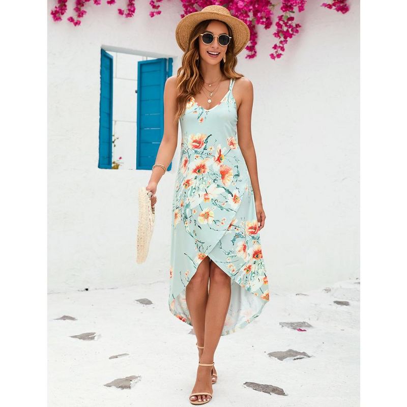 WhizMax Women 2024 Summer Adjustable V Neck Wrap Floral Dress with Irregular Hemline Sleeveless Spaghetti Strap Midi Dress, 4 of 6
