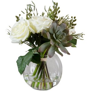 Uttermost Potted Faux Artificial Flowers Realistic Cream Rose Green Succulent in Glass Vase Home Decoration Living Room 14" High - 1 of 1