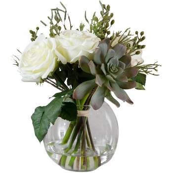 Uttermost Potted Faux Artificial Flowers Realistic Cream Rose Green Succulent in Glass Vase Home Decoration Living Room 14" High