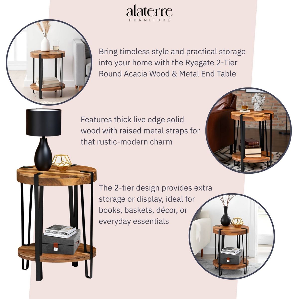 Alaterre Furniture 21" Ryegate Natural Brown Live Edge Solid Wood Round End Table Metal And Wood - thumbnail 3