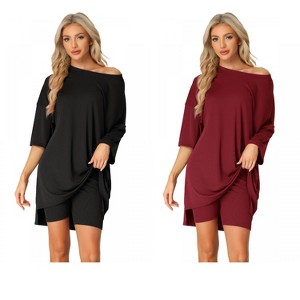 INSPIRE CHIC Women's 2 Pcs Knit Loungewear 3/4 Sleeve T-Shirt with Bike Shorts Pajama Set - 1 of 4