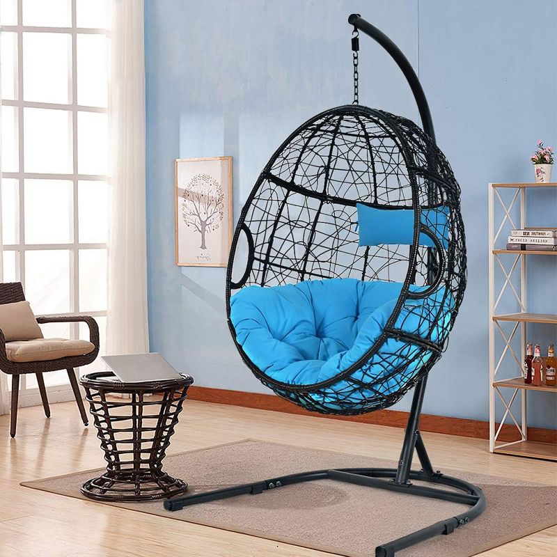 Tangkula Hanging Hammock Chair Egg Swing Chair w/ Blue Cushion Pillow Stand, 2 of 9