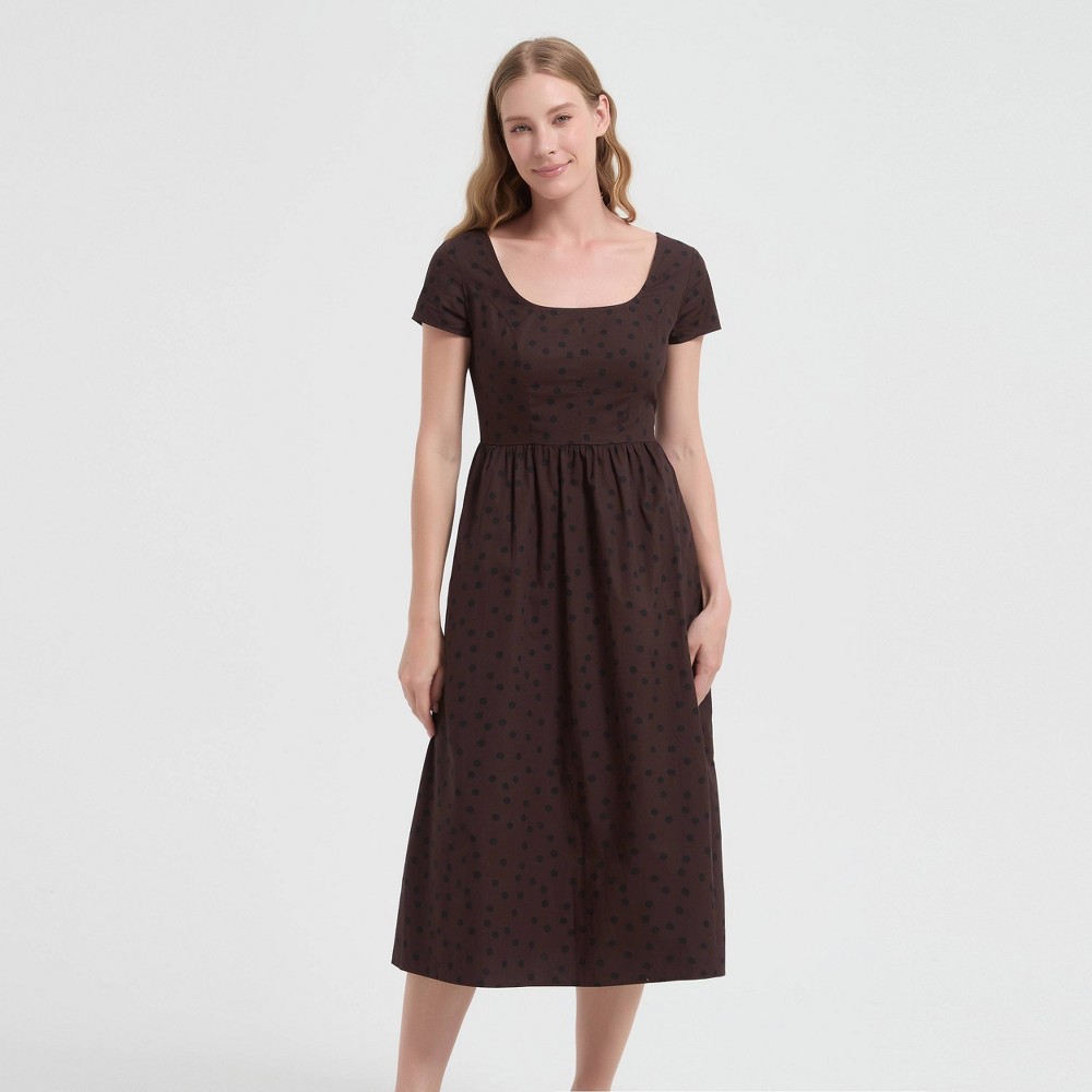 Women's Cap Sleeve Midi Fit and Flare Dress - A New Day™ Brown Polka Dots L