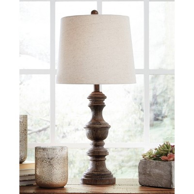 Set of 2 Brown Faux Wood Table Lamps with Drum Shade