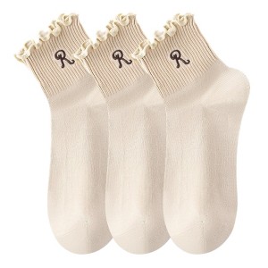 Anna-Kaci 3-Pack Women's Crew Socks with Ruffle Lettuce Edge Trim and Delicate Embroidered Detail - 1 of 4