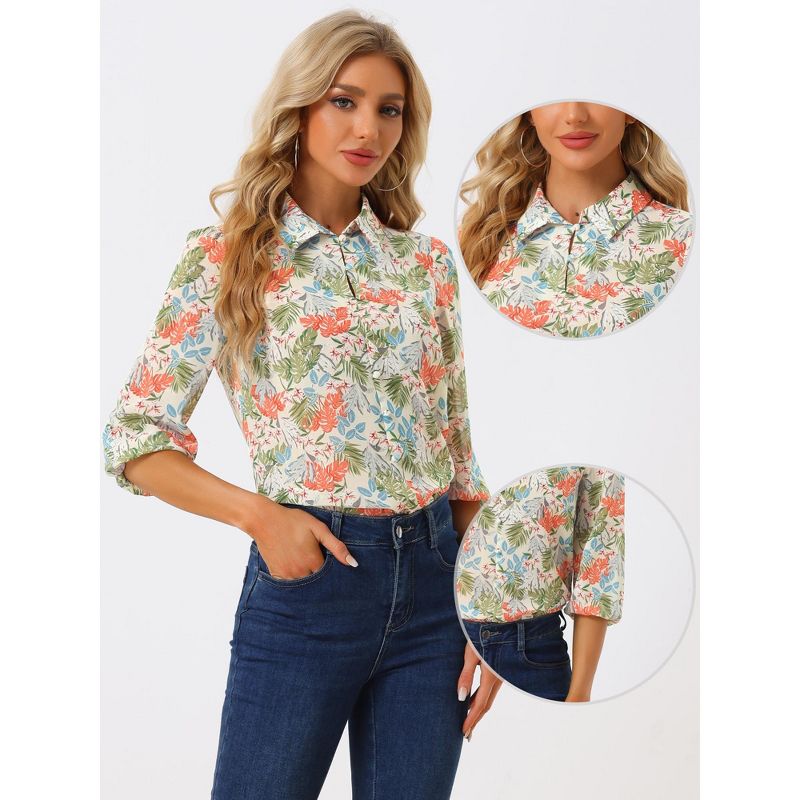 Allegra K Women's Point Collared 3/4 Sleeves Sheer Lightweight Leaves Floral Print Shirt, 2 of 6
