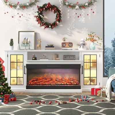 59" 3 Sided Glass Fireplace TV Stand for TVs Up to 65" Rustic Media Console with LED Lights Glass Door Storage Distressed White Entertainment Center