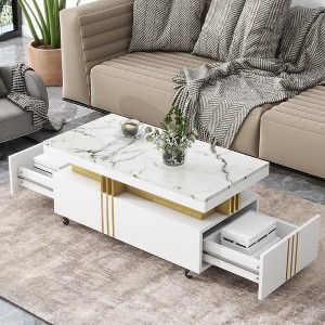 LOVMOR 39.30"Contemporary Coffee Table with Faux Marble Top,Black - 1 of 4