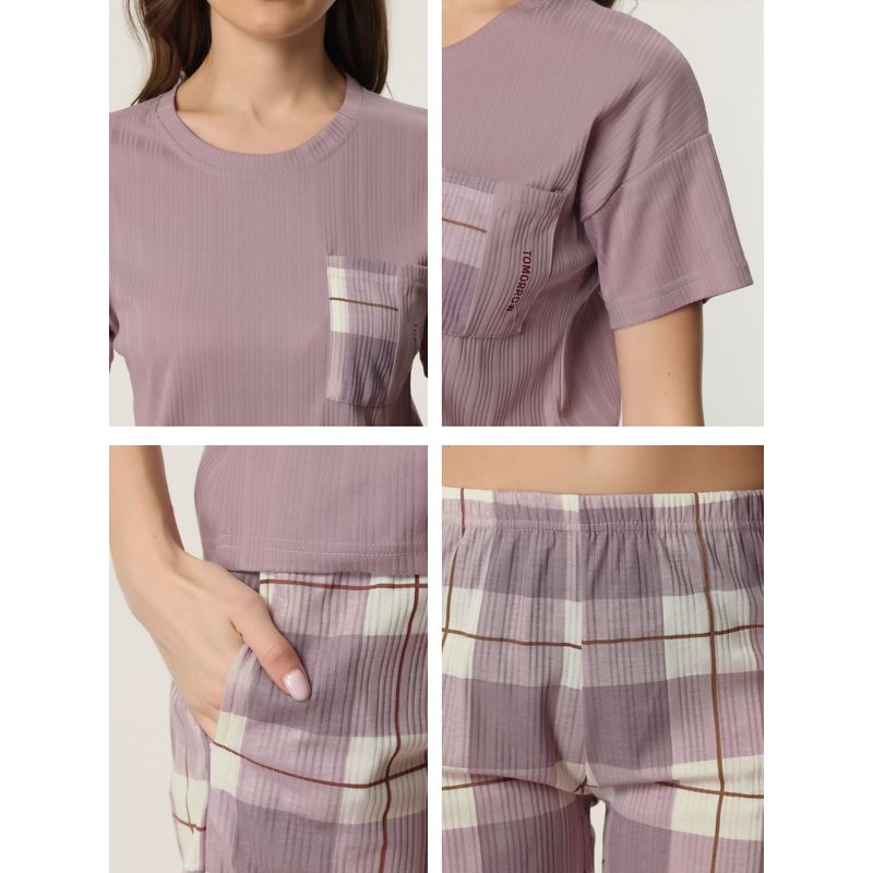 cheibear Women's Sleepwear Short Sleeve T-Shirt with Plaid Shorts Couple Pajama Sets, 5 of 7