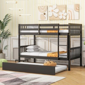 Whisen Twin Over Twin Rubber Wood Bunk Bed with Trundle, Convertible into Twin Size Beds, Twin Size Bunk Bed with Ladder and Safety Guardrails - 1 of 4