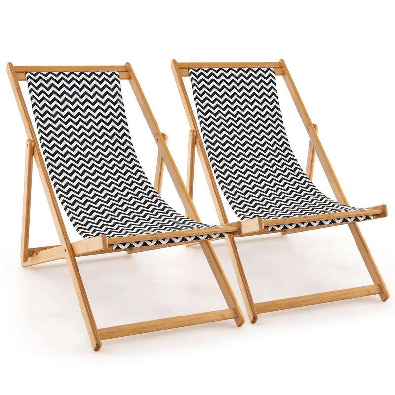 Tangkula 2pcs Foldable Patio Sling Chair w/ Solid Bamboo Frame & Breathable Canvas Seat Beach, Garden, Patio, 1 of 10